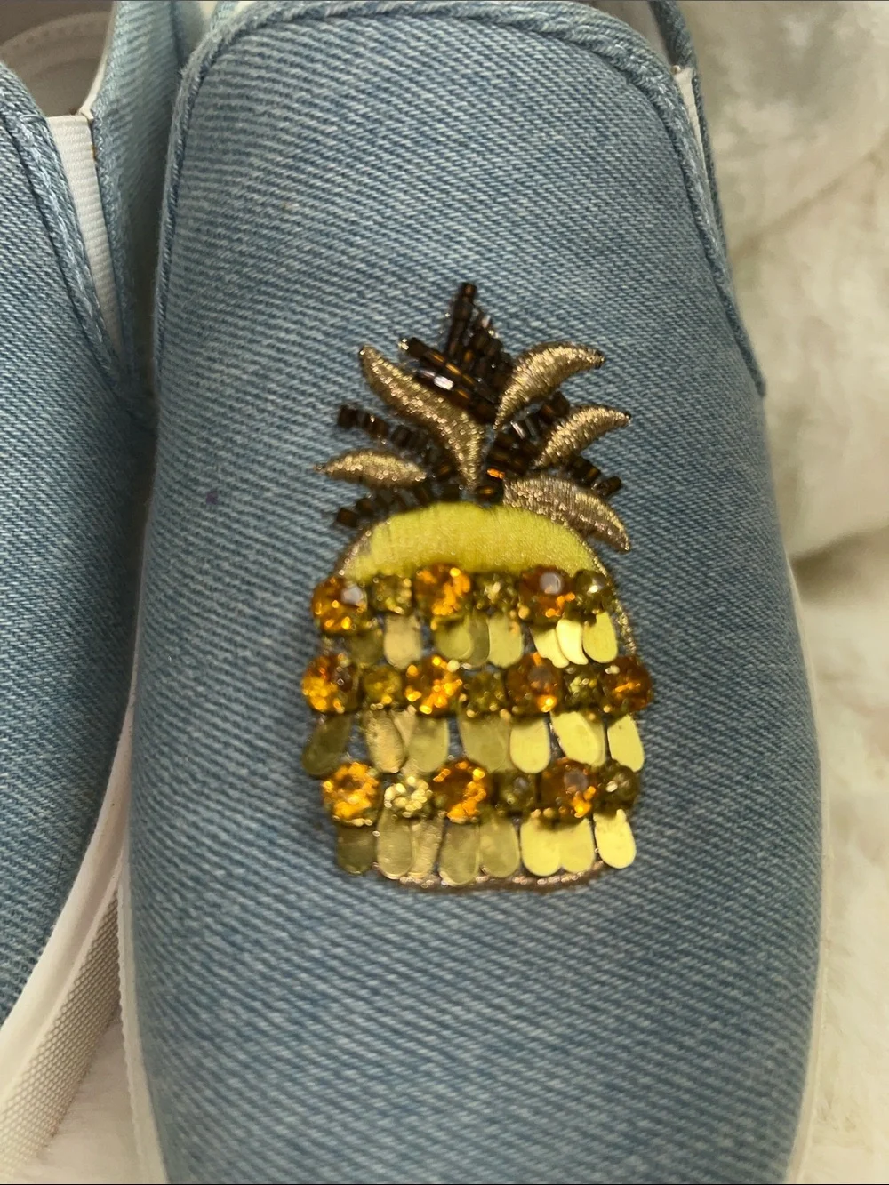 Sam Edelman Light Blue Denim Slip-On Flats with Pineapple and Citrus Embroidery
